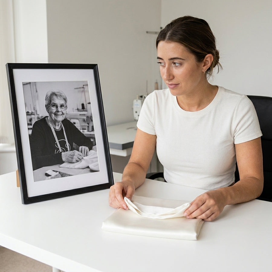 Clara continue. Le portrait de sa grand-mère veille sur chaque taie qui sort de l'atelier.